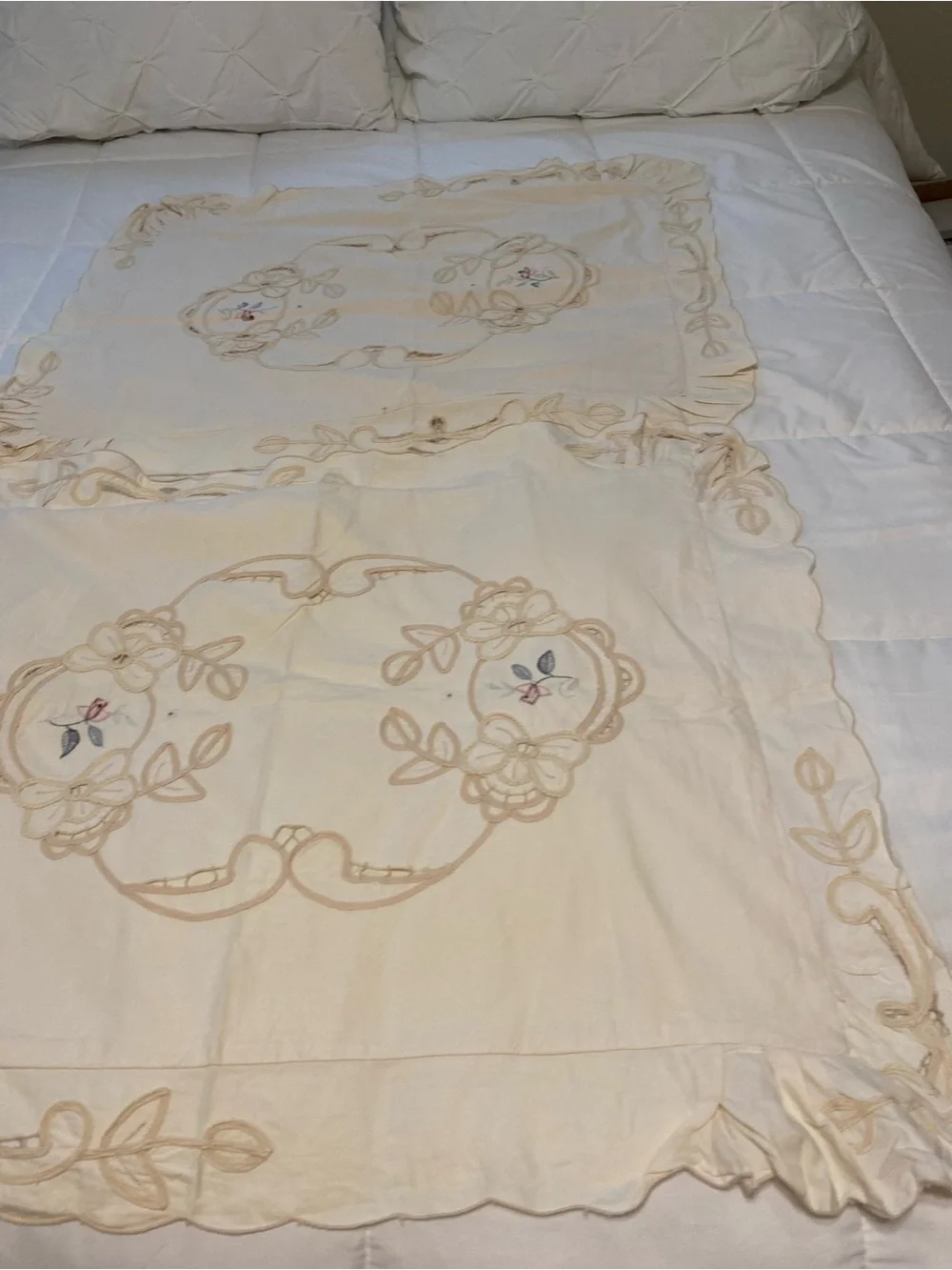 Set of 2 Pillow Covers/Cases Ruffles Embroidered Cottage Core Shabby Chic Dainty